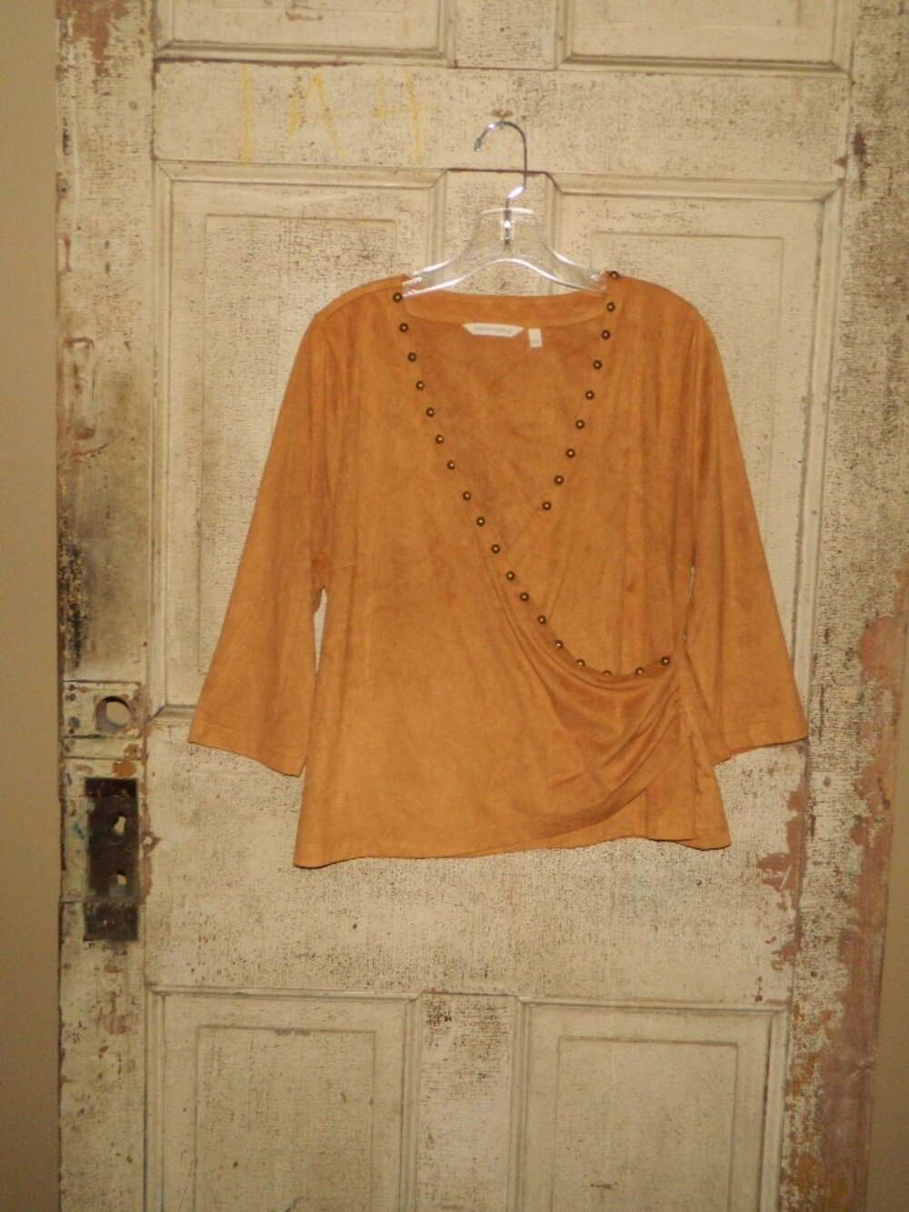 Soft Surroundings Boho Western Faux Suede 3/4 Sleeve Stud Wrap Top Sz L (I-54)